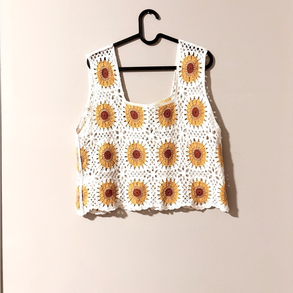 Crochet 100% cotton top sunflower one size summer, casual,  relax